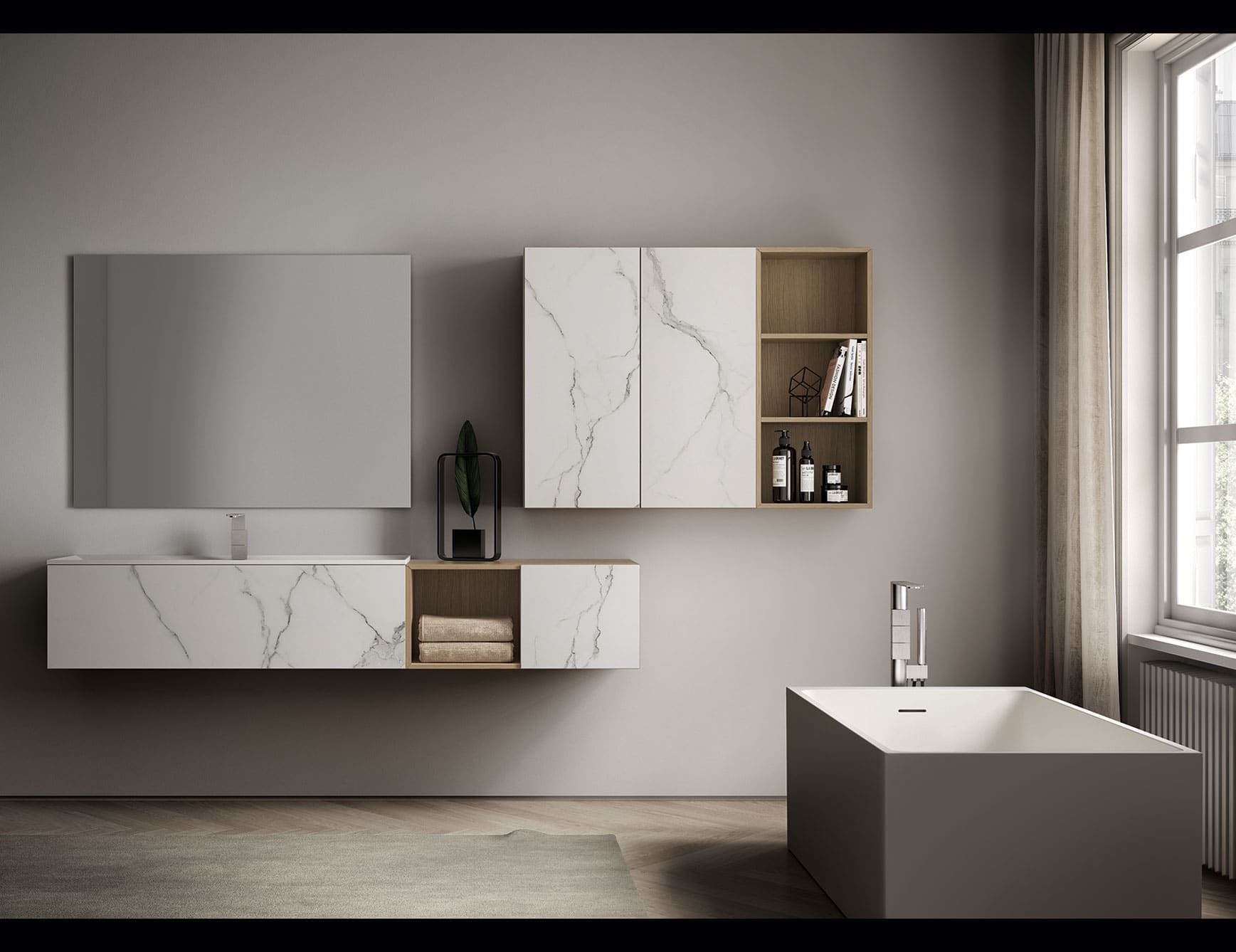 Composition 01 modern Italian bathroom vanity with white Rovere  wood