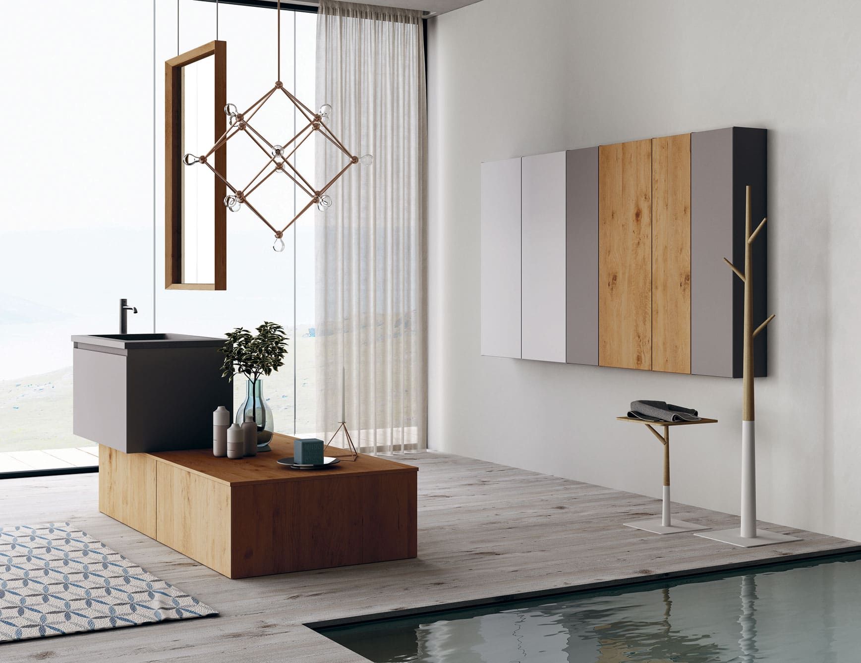 Composition 7 modern Italian bathroom vanity with brown Nodino Chiaro oak wood