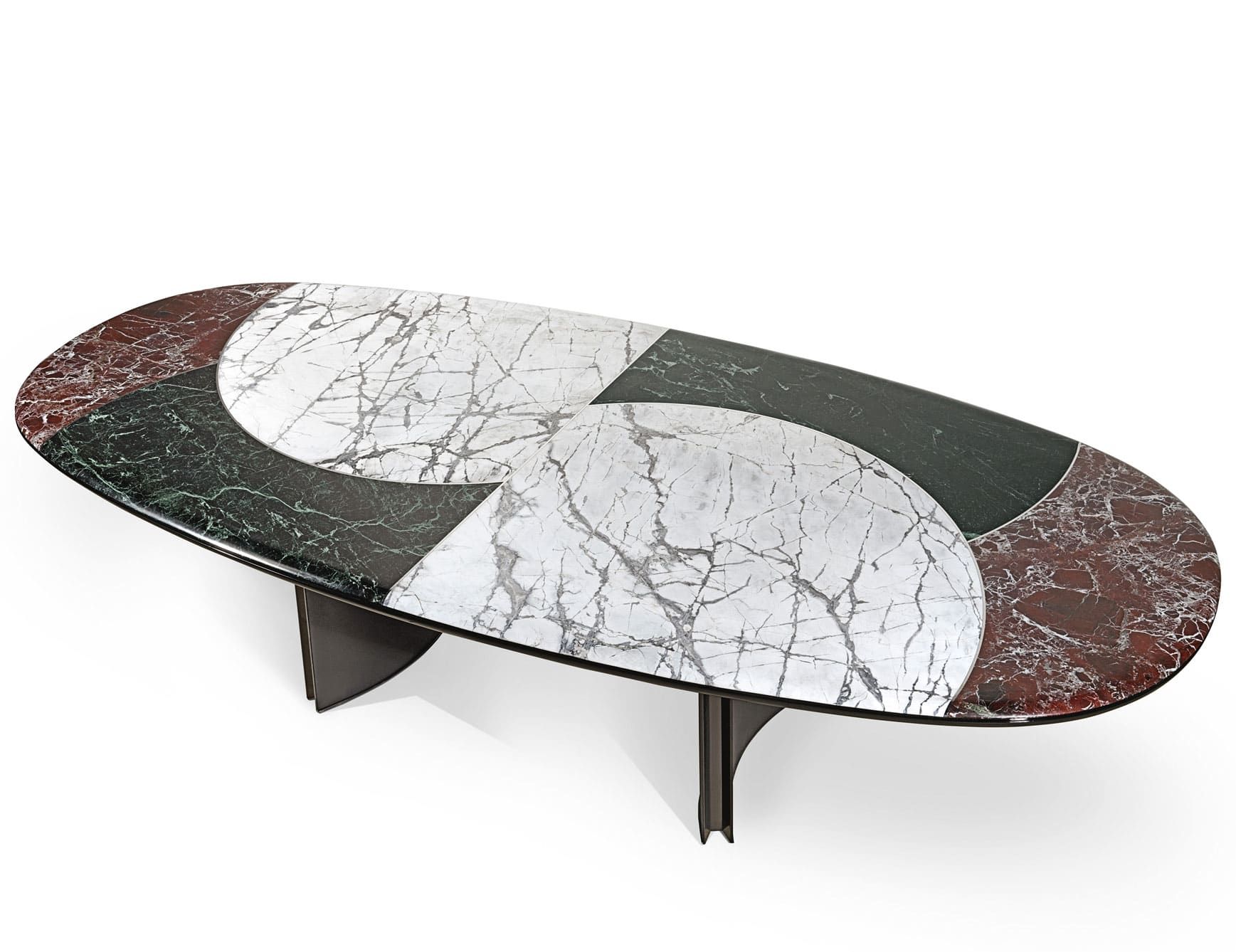 Jason modern luxury table with white Invisible Grey, Rosso Levanto, Turco Verde Rameggiato marble