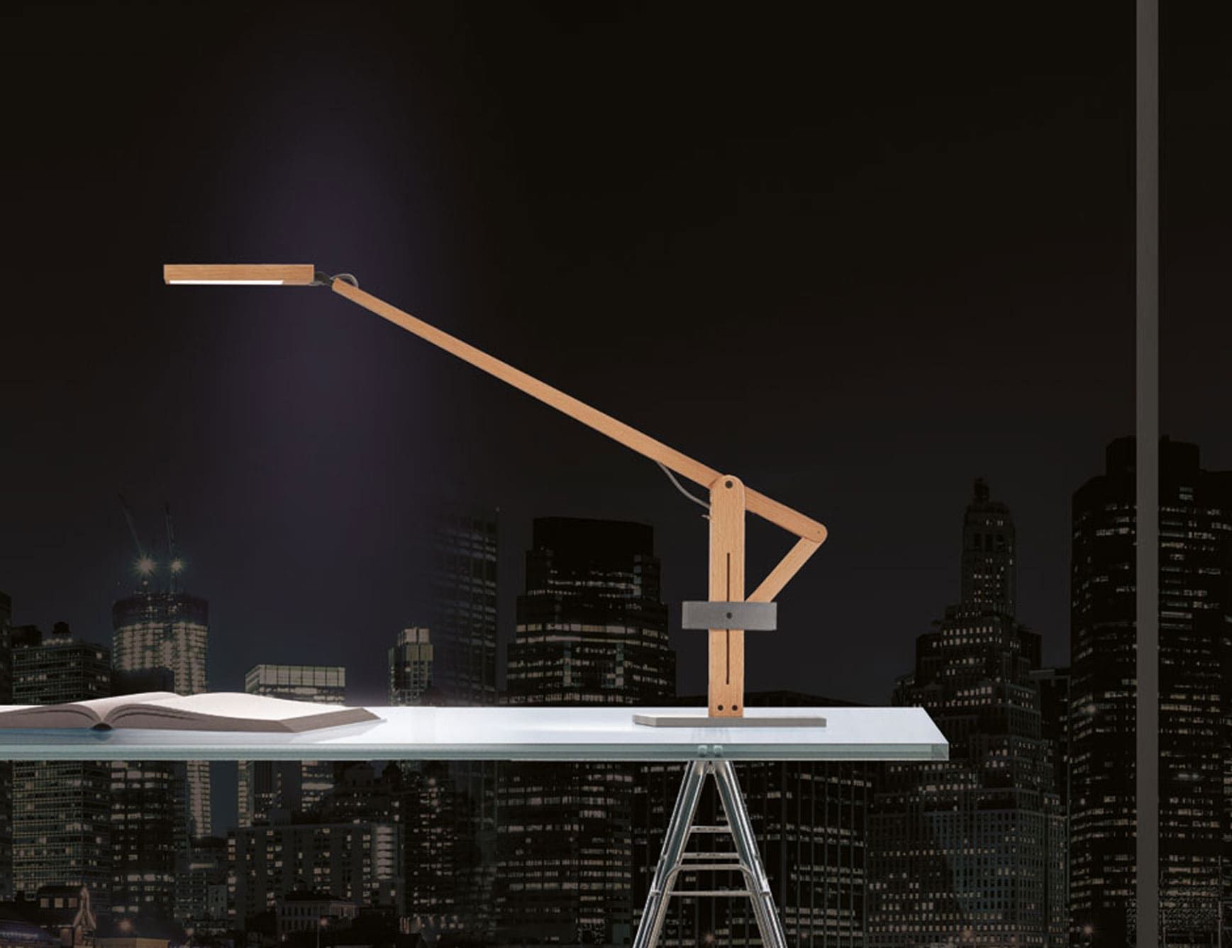 Leva modern Italian table lamp with brown Beech wood