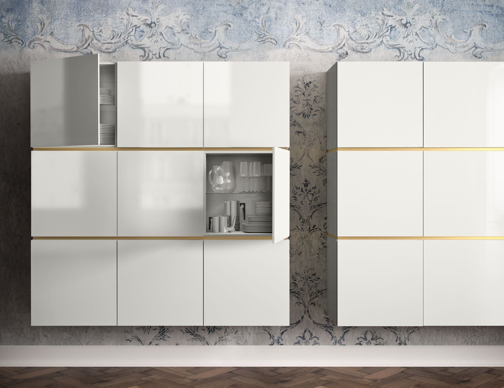 People contemporary Italian wall unit with white gloss lacquered wood