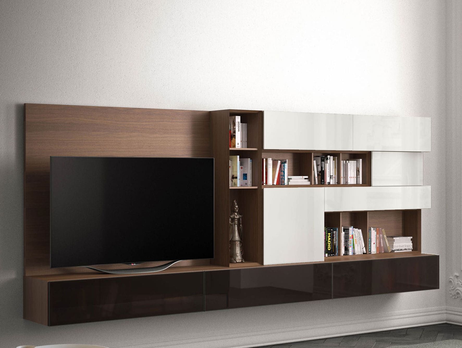 People contemporary Italian media unit with brown lacquered wood