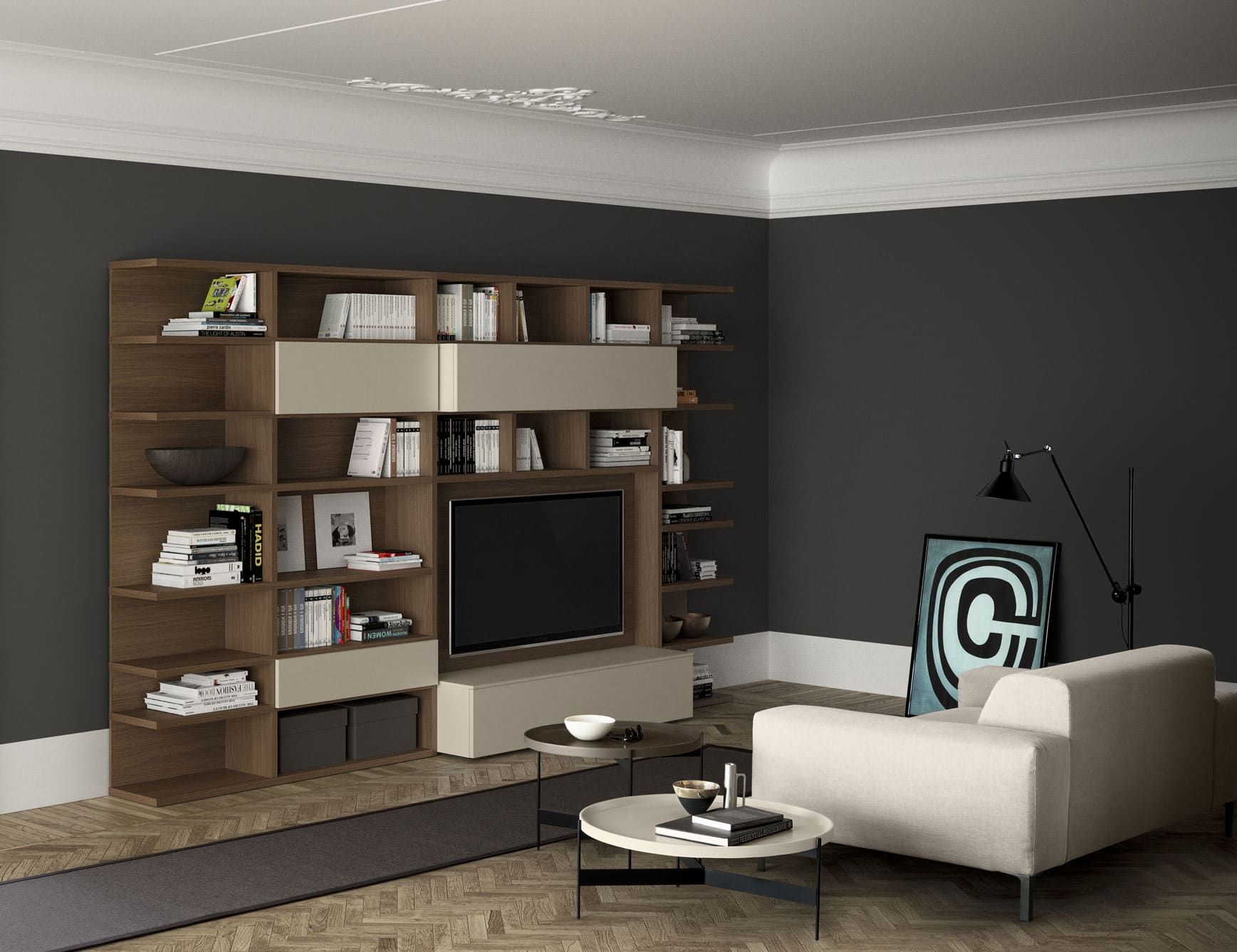 Spazioteca contemporary Italian wall unit with brown Matt Lacquered wood