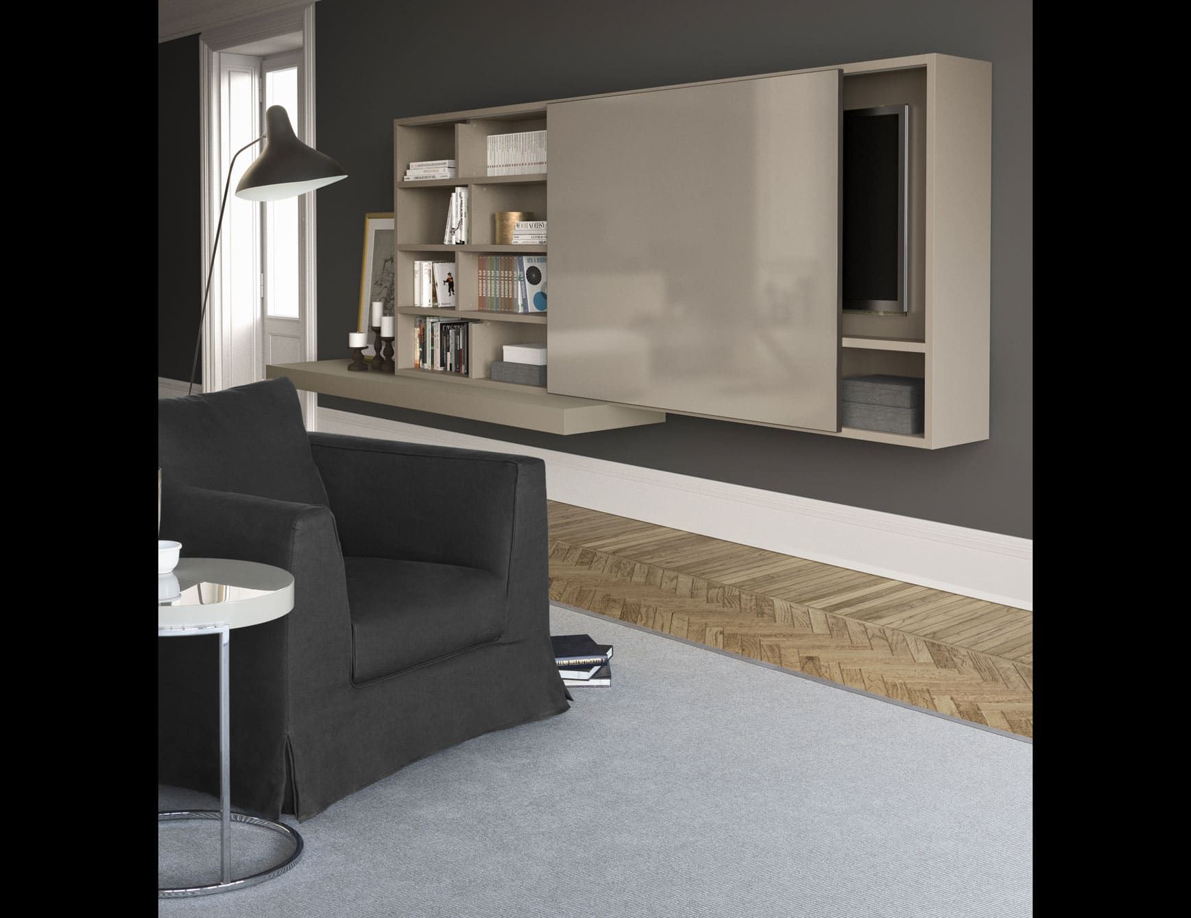 Spazioteca contemporary Italian wall unit with beige gloss lacquered wood